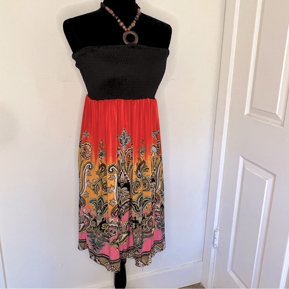 Shoreline Strapless Smocked Paisley Midi Dress Beaded Neck Tie NWT M